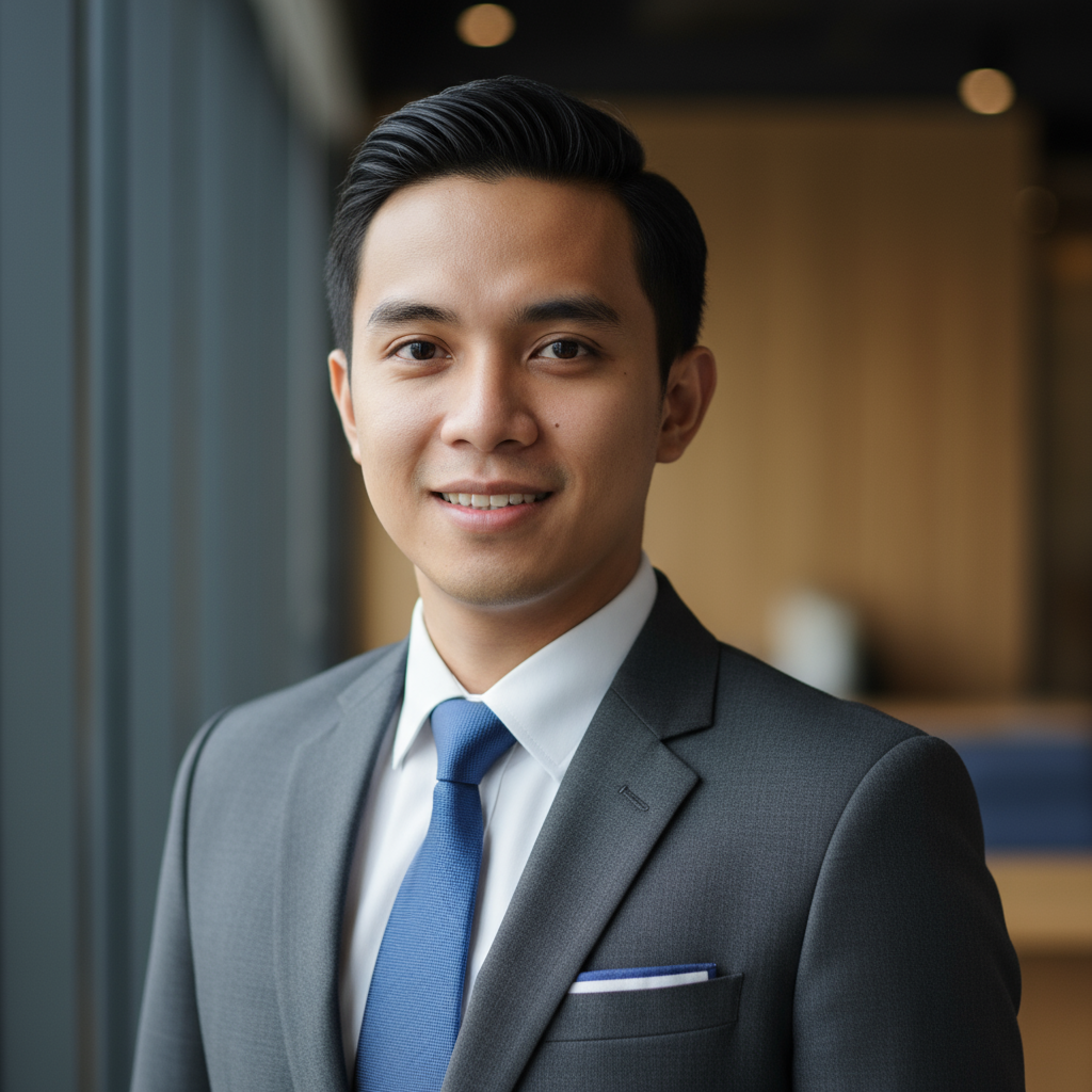 Professional headshot of young Indonesian male marketing professional, casual smart attire, bright background