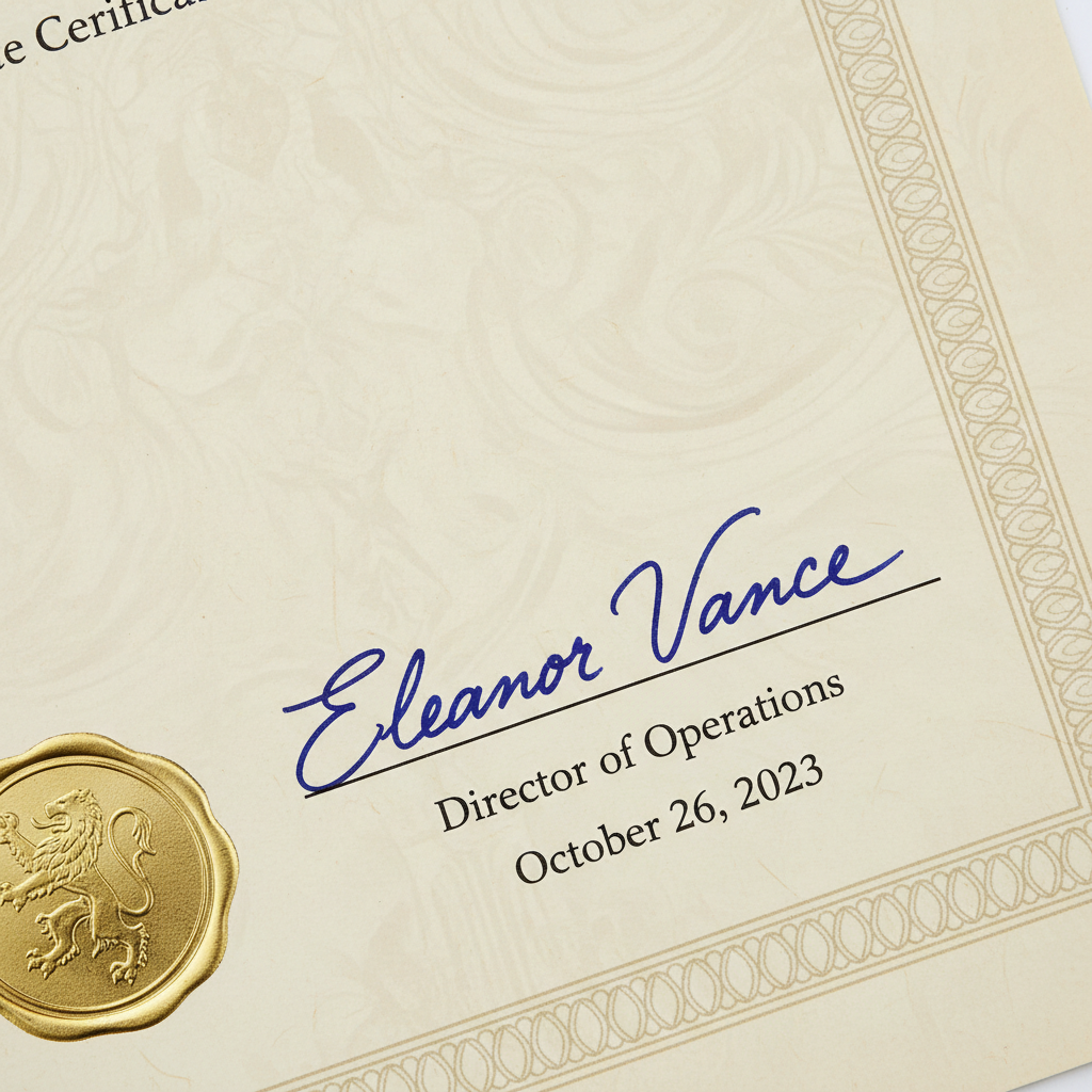 Close-up of an artwork certificate of authenticity on cream paper with a gold seal, alongside a small framed painting
