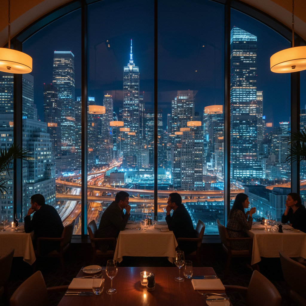 Dramatic city panorama at night viewed through restaurant windows