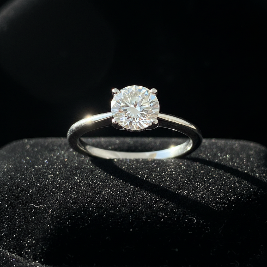Diamond solitaire ring in platinum setting displayed on black velvet with studio lighting