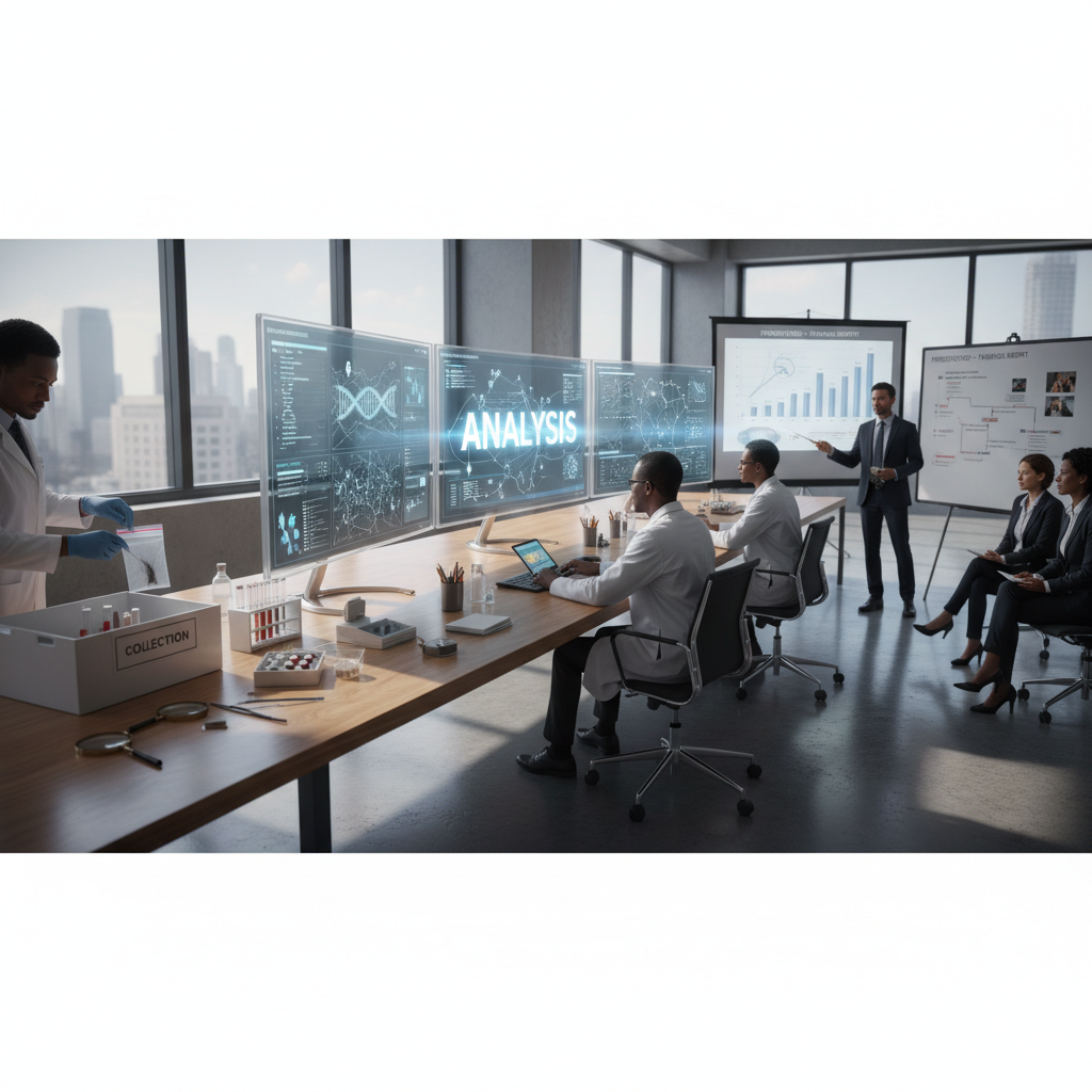 Modern life sciences laboratory with advanced data analytics equipment and professional researchers collaborating on regulatory compliance projects