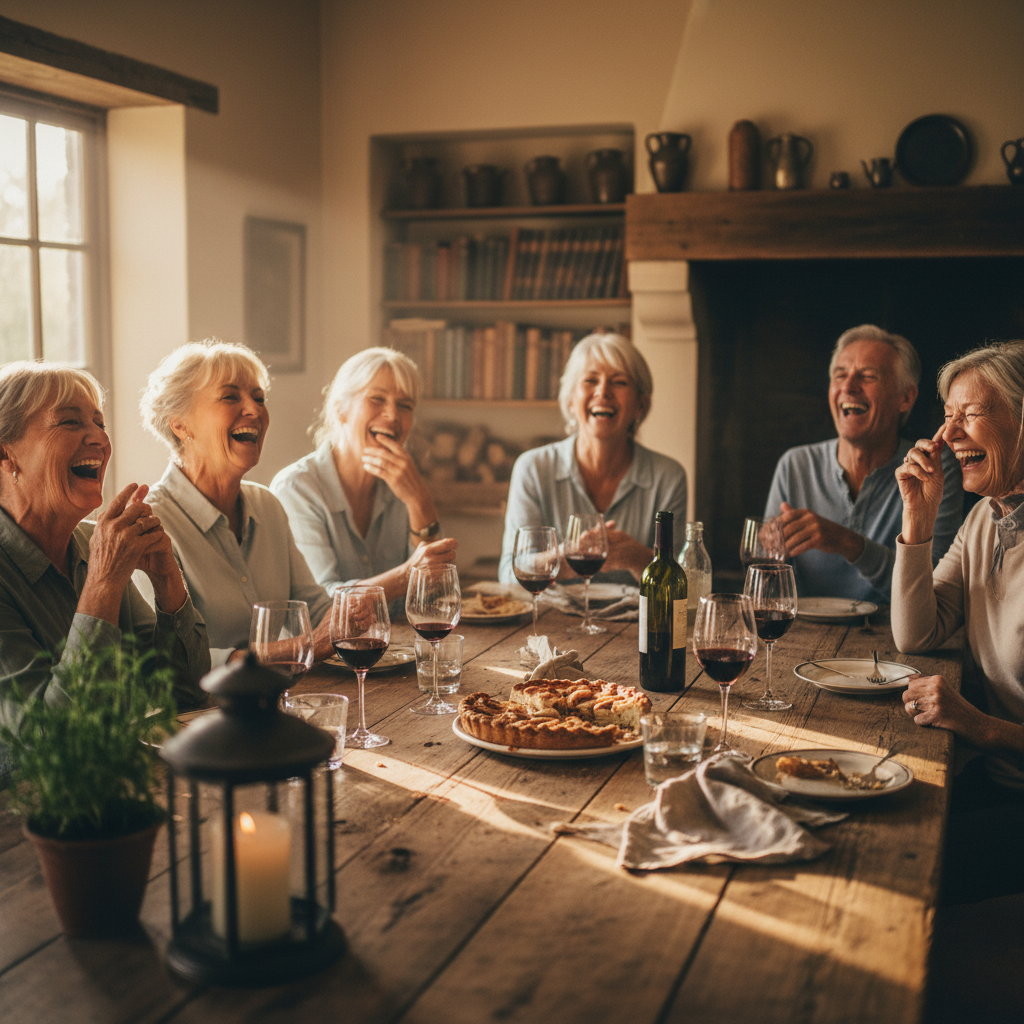 A group of couples and friends in their sixties and seventies laughing together around a long farmhouse table strewn with wine glasses and half-eaten pie, warm natural light, shallow depth of field