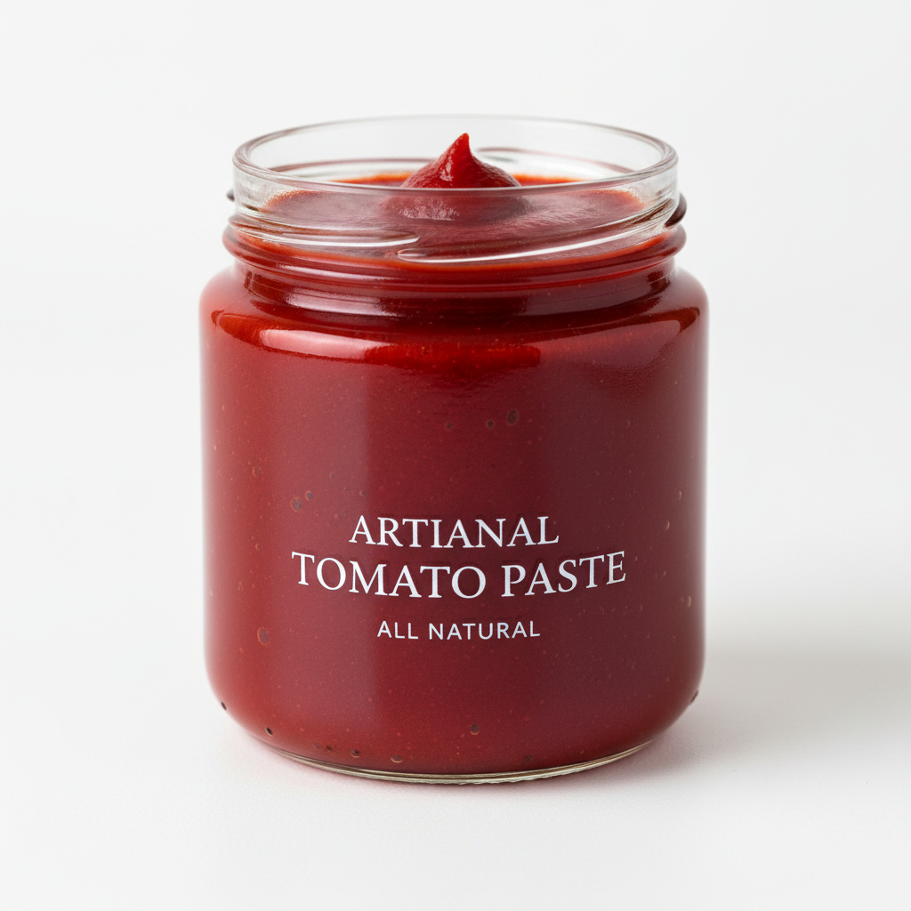 Glass jar of tomato passata on kitchen counter, natural daylight, clean background