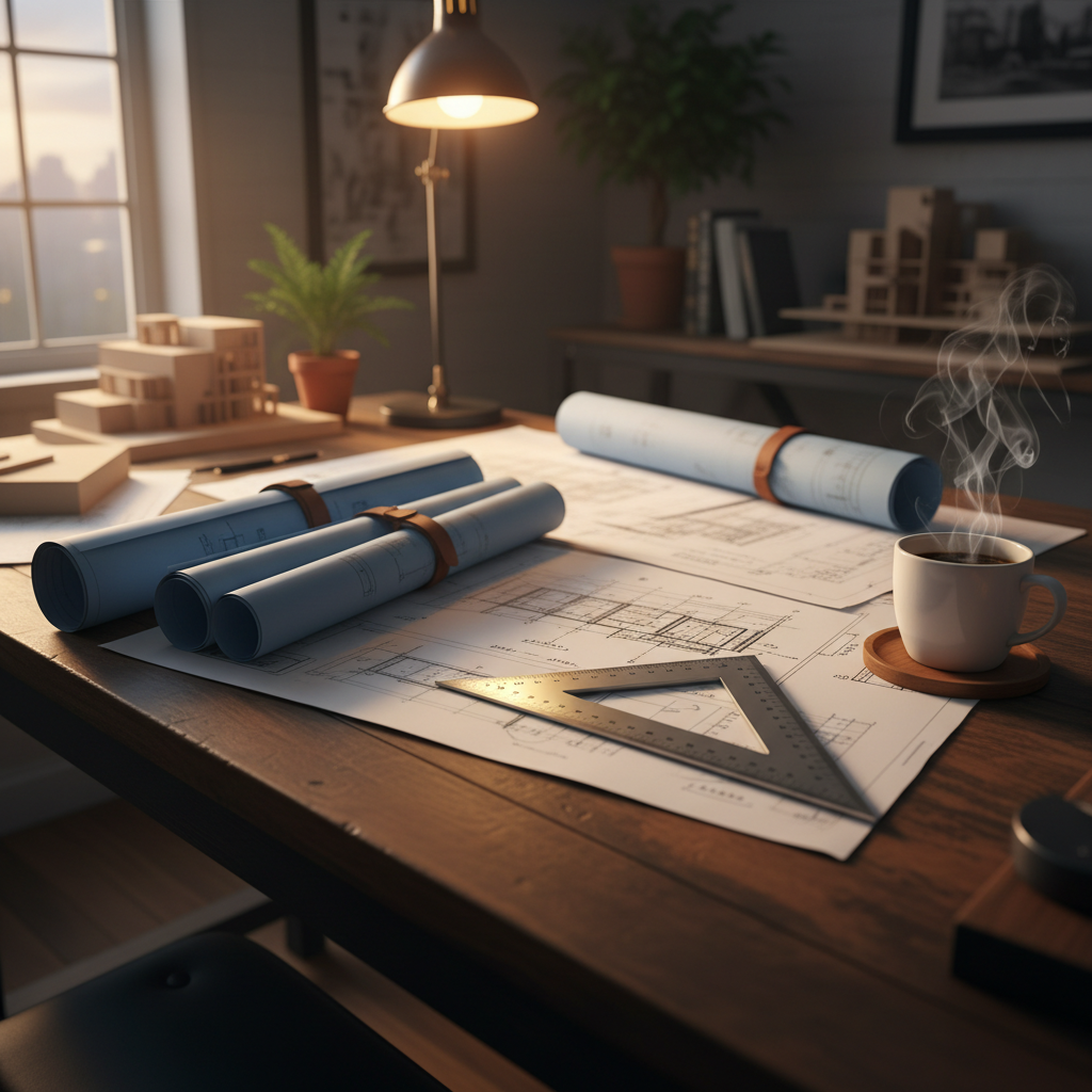 Architectural office desk with rolled drawings, scale ruler, and coffee cup at dusk