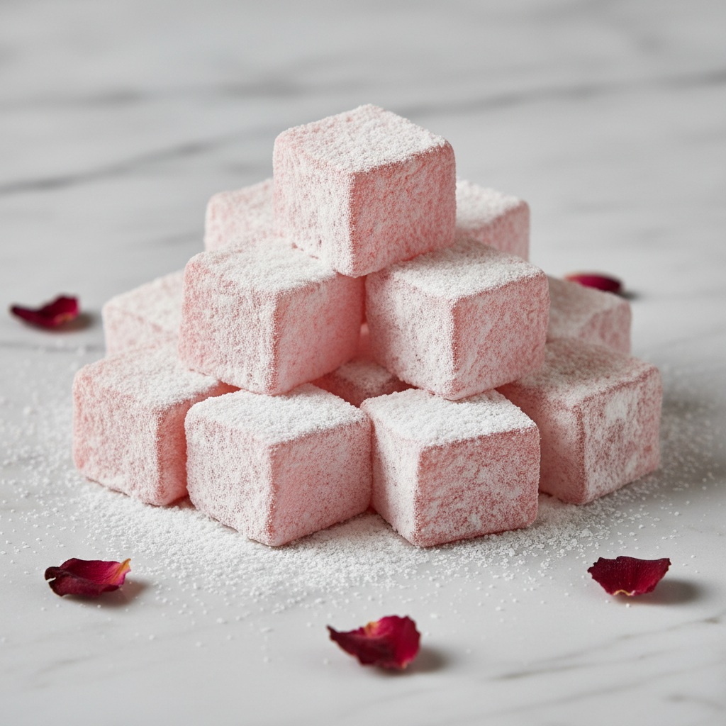Skilled artisan hands rolling and shaping traditional Indian sweets on a marble slab, dusted with rose petals