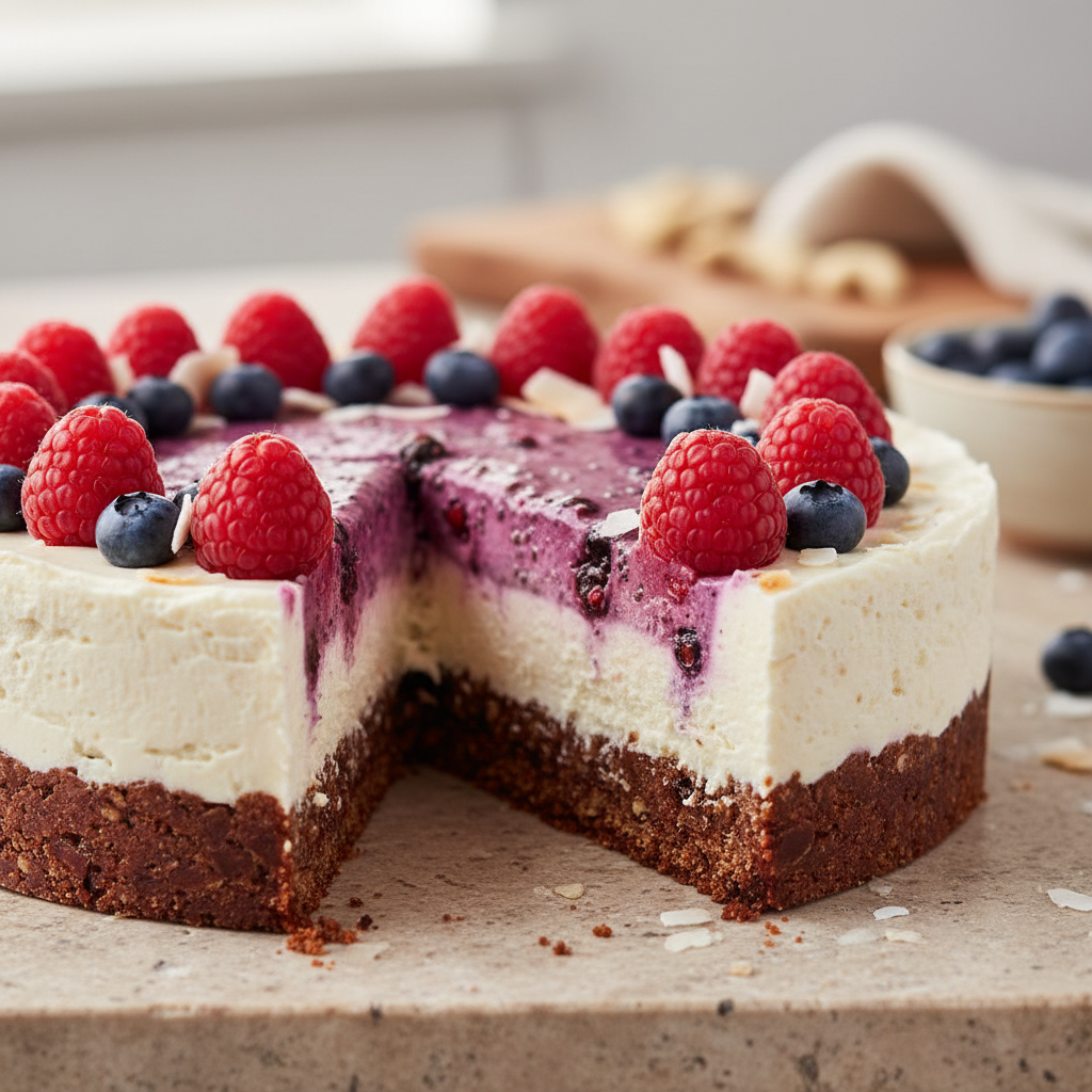 Layered raw torte with cashew cream visible in cross section
