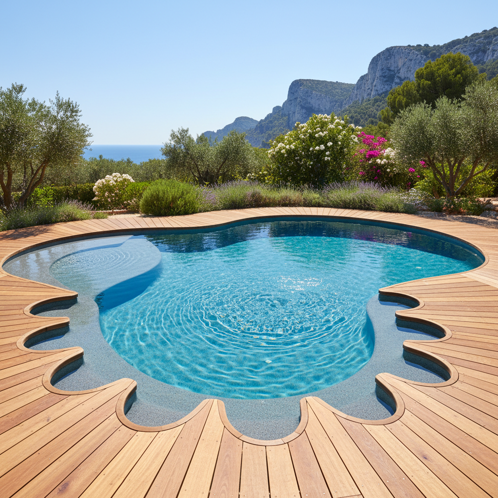 Piscine coque Sugiton réalisée par Piscinity, eau bleue, terrasse bois, jardin méditerranéen