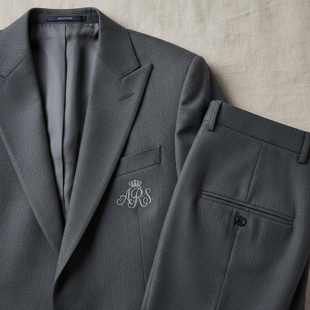 Bespoke embroidered jacket in black — customised luxury article with personalised hand-embroidered motifs