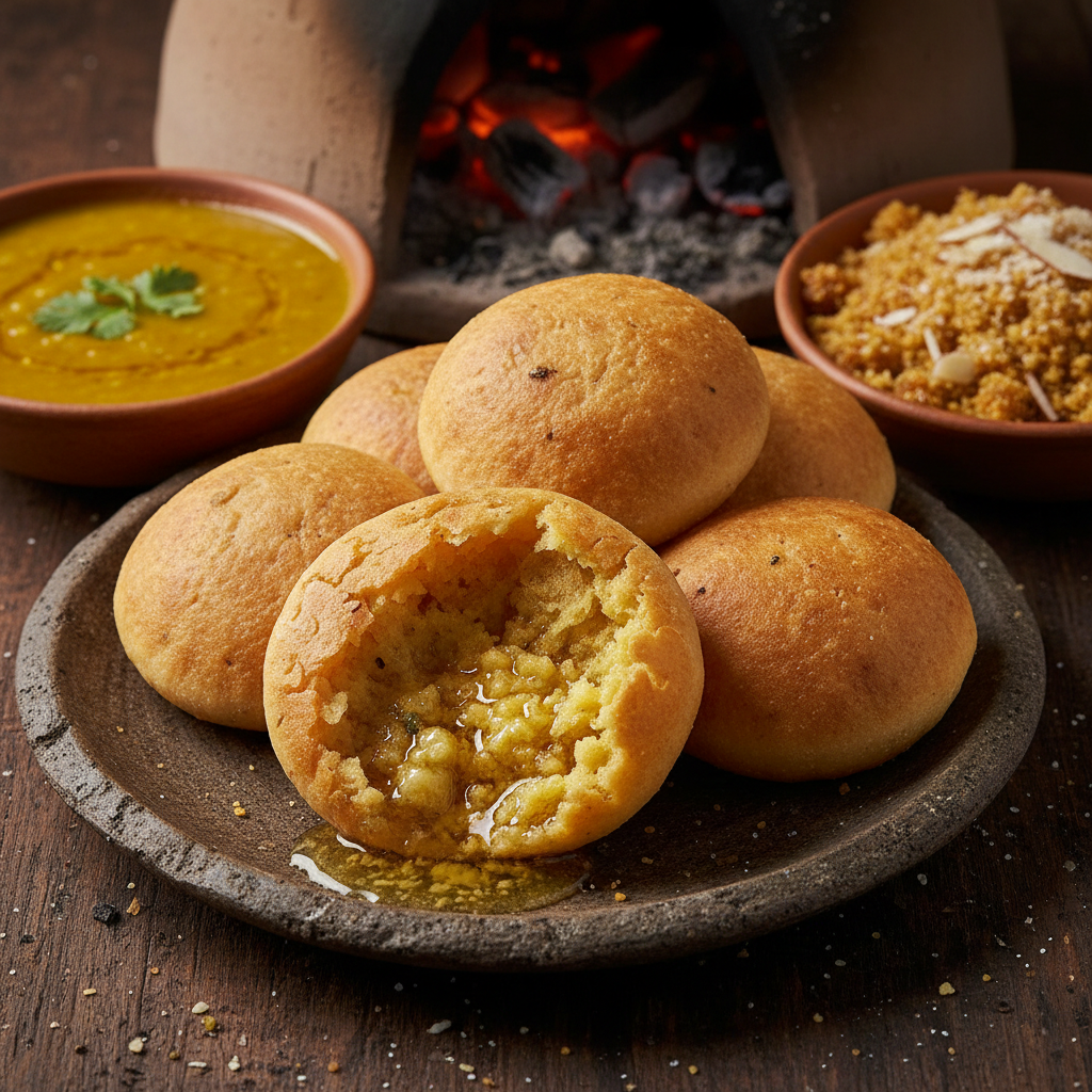 Dal baati churma — golden baati baked in coal, cracked open with ghee pooling inside, dal and churma alongside