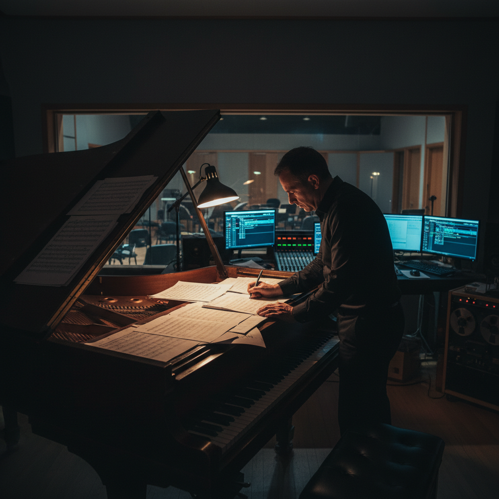 Dark film scoring session with orchestral sheet music on a grand piano and dimly lit control room