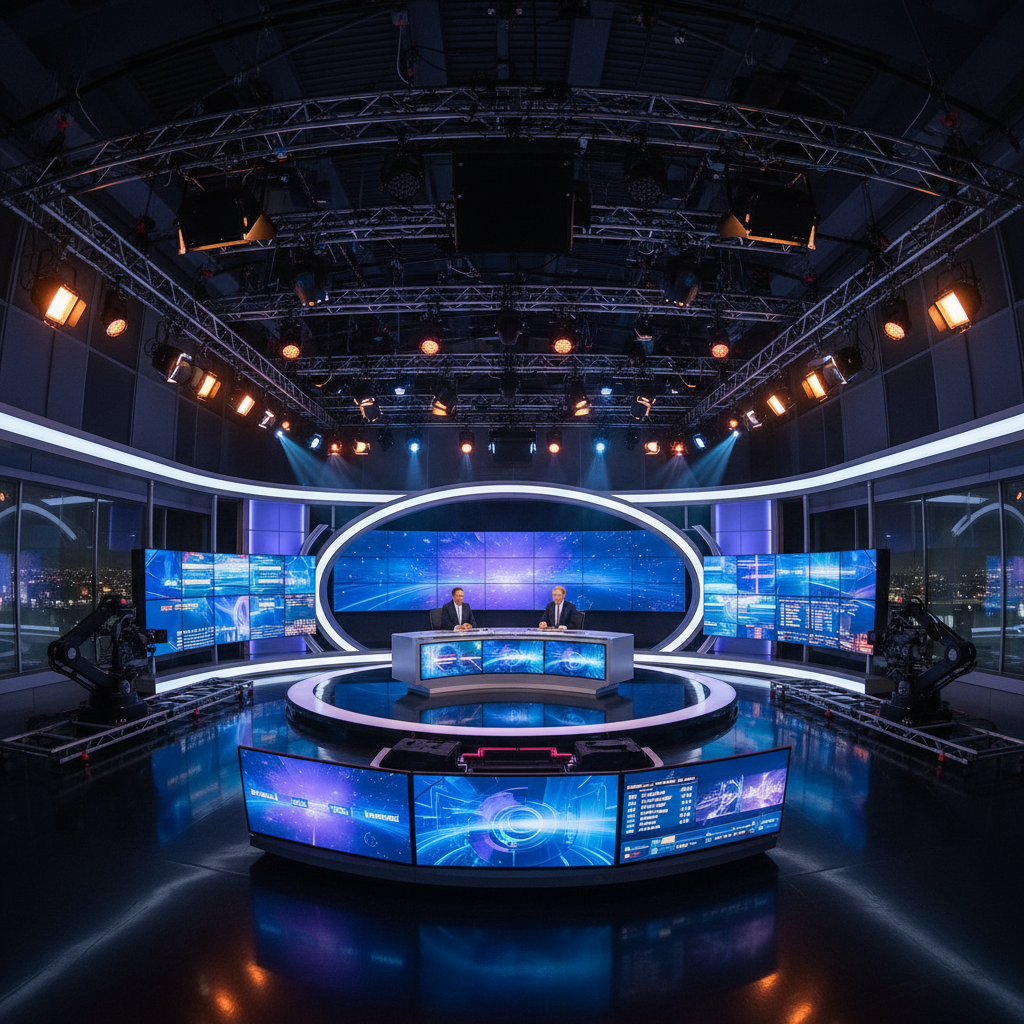 CNBC television studio with financial news ticker and professional broadcast lighting