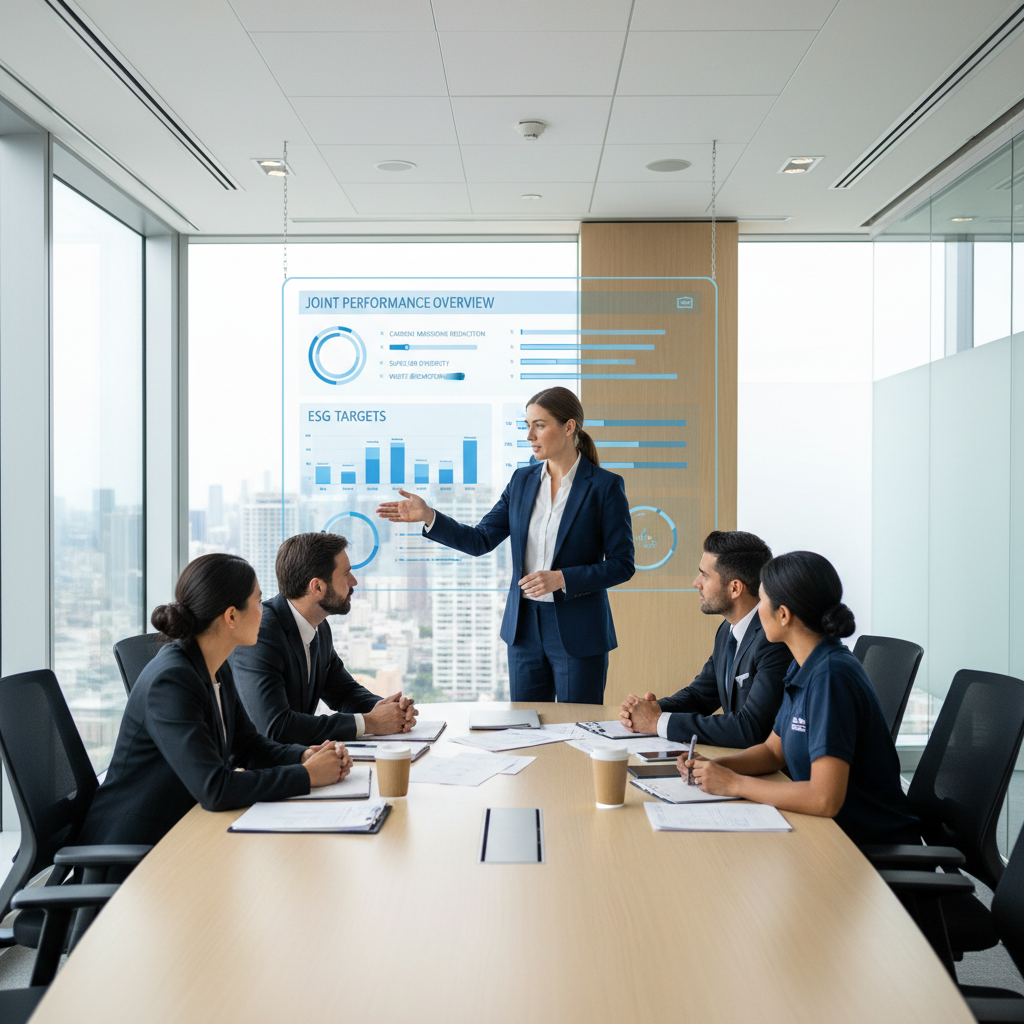 Finance professionals analysing ESG-linked financial data and green bond reports on multiple screens