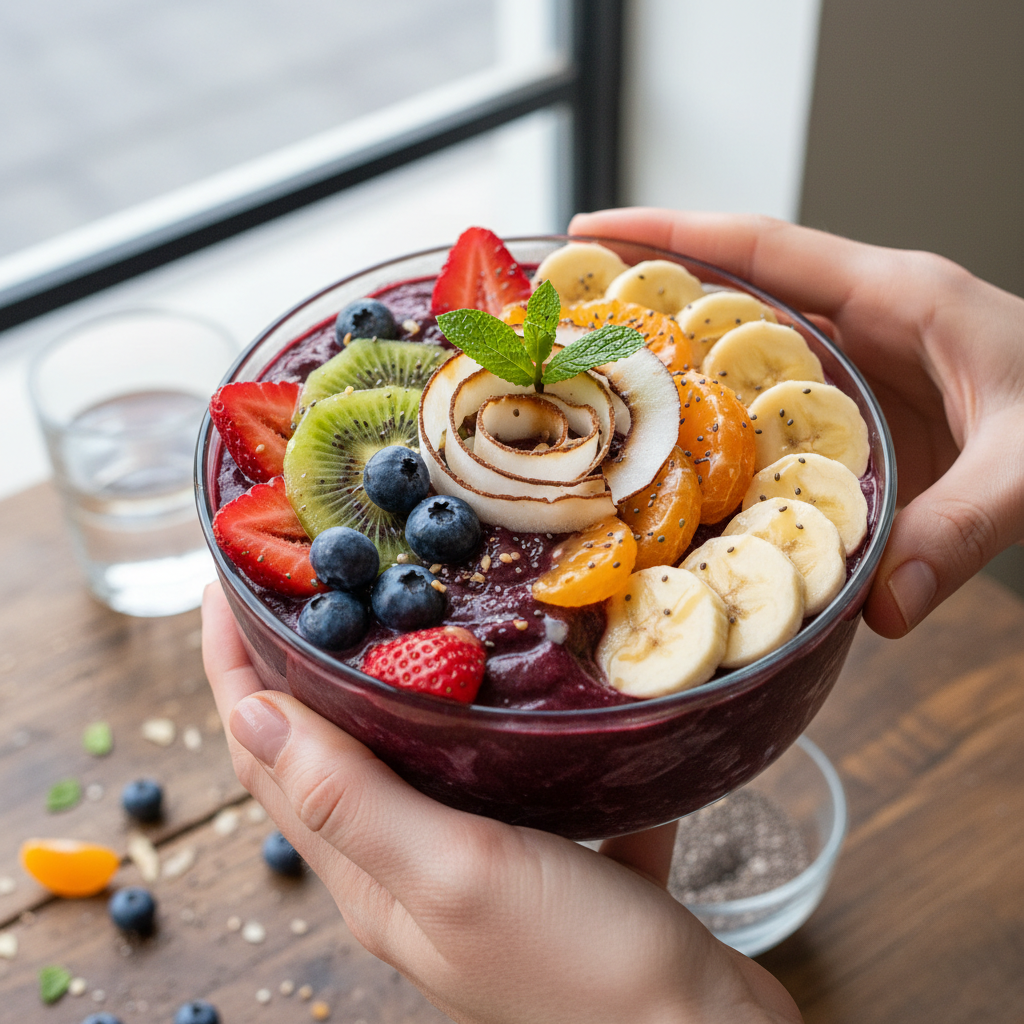 Vibrant açaí bowl with colourful tropical toppings, perfect Instagram food photography with bright natural light