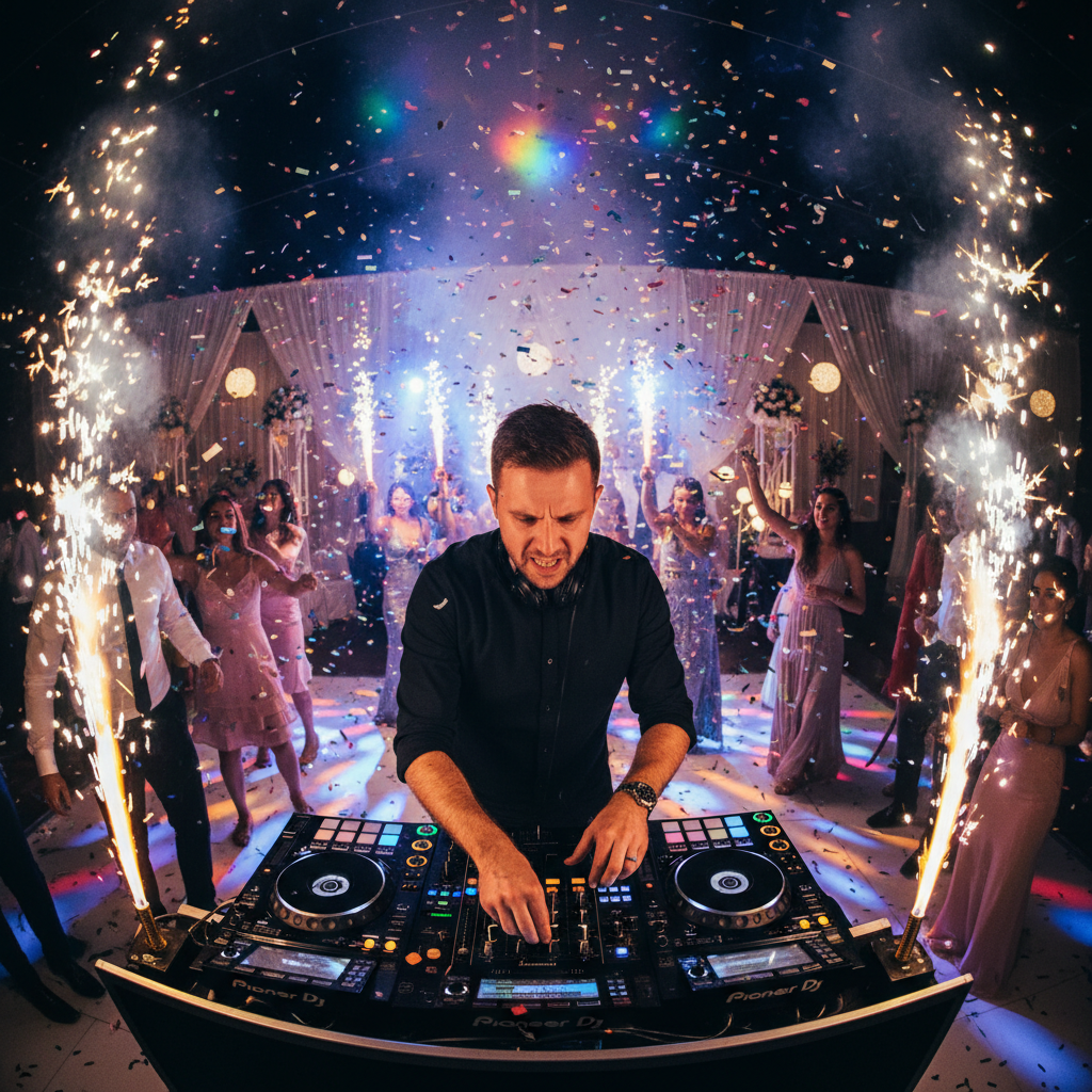 DJ performing at midnight wedding reception with confetti, sparklers, and guests dancing on illuminated dance floor