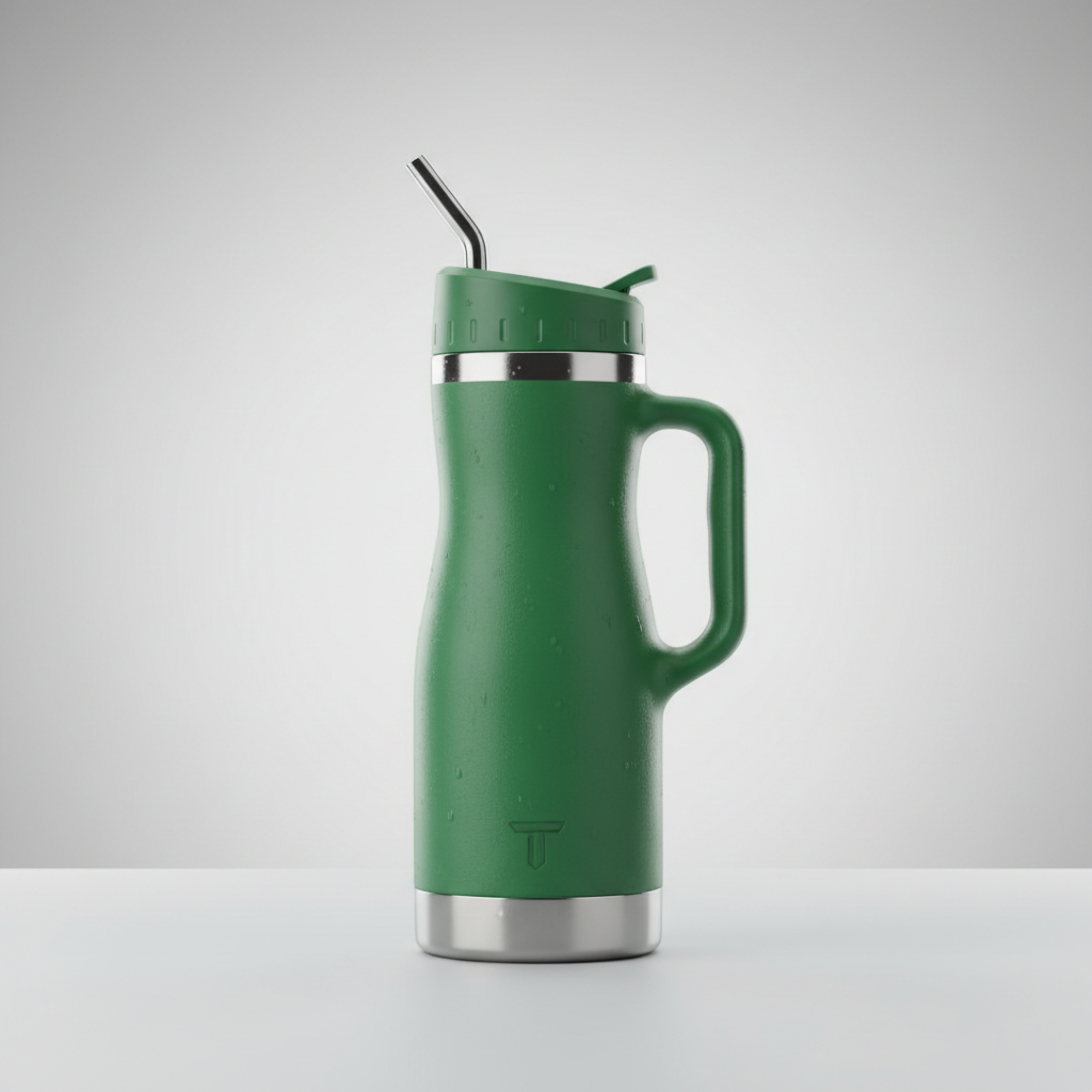 Blue insulated water bottle on white background, clean bright product shot