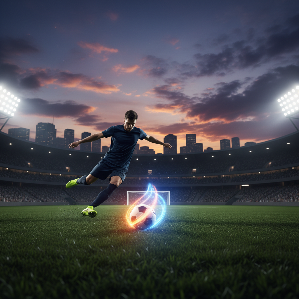 High school soccer midfielder in dark kit, stadium floodlights behind him