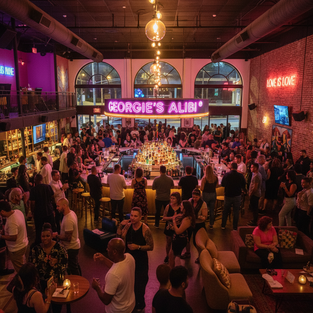 Social gathering at Georgie's Alibi bar in Wilton Manors with diverse LGBTQ+ crowd