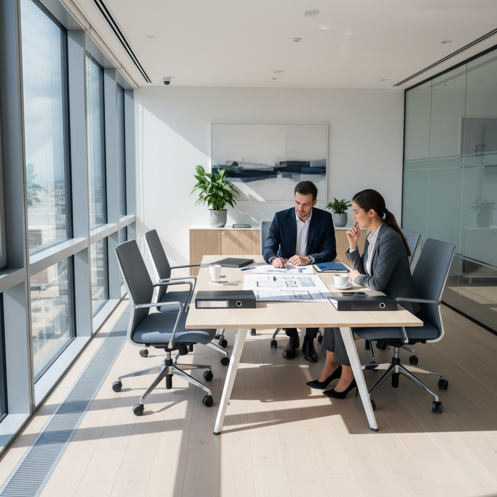Two professionals in a modern office discussing documents with premium dark ambiance