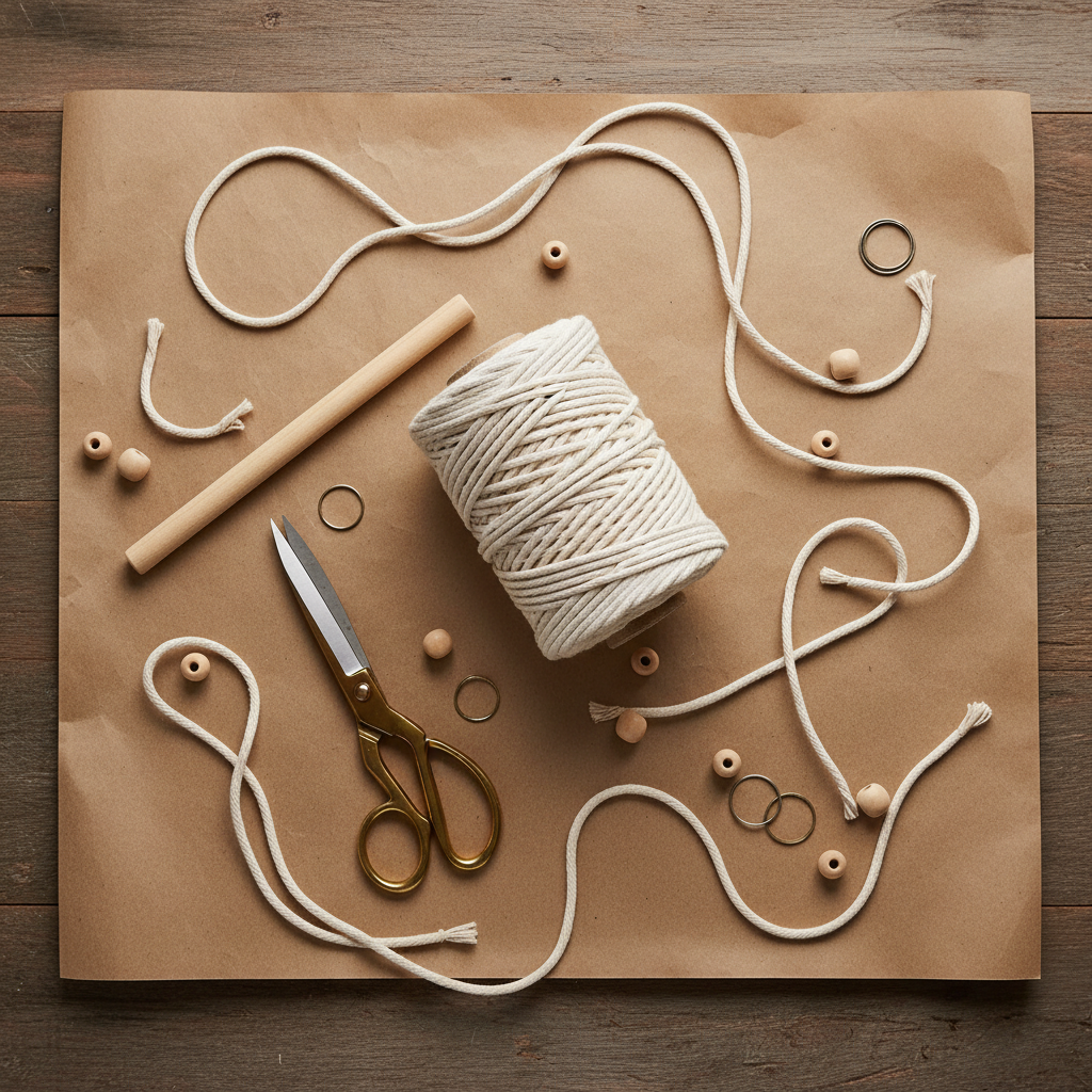 Overhead flat lay of macramé supplies: cotton cord, wooden dowel, scissors on kraft paper
