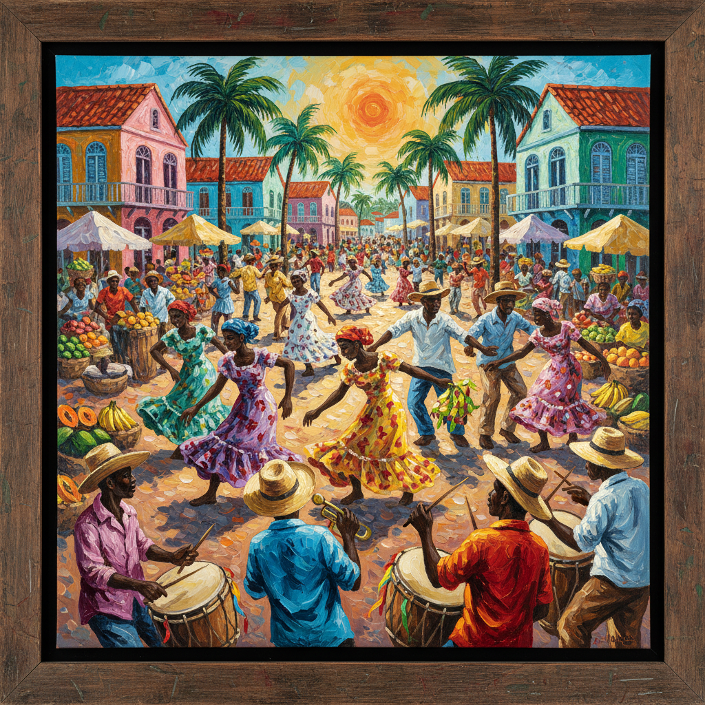 Energetic figurative painting of dancing figures in vibrant Caribbean colors, expressive movement