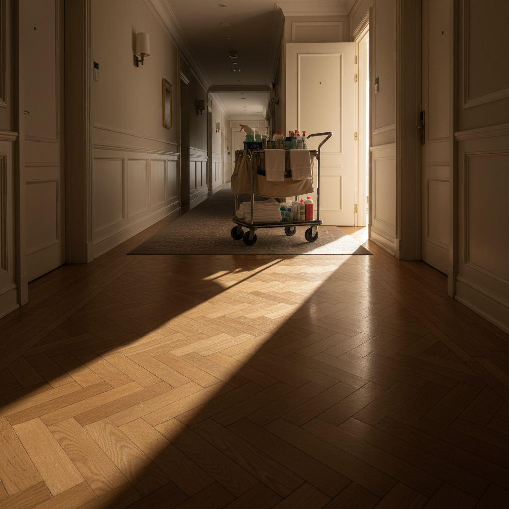 Hotel corridor at dawn — a housekeeper's cart casting a long shadow across herringbone flooring, warm light leaking from one cracked-open door