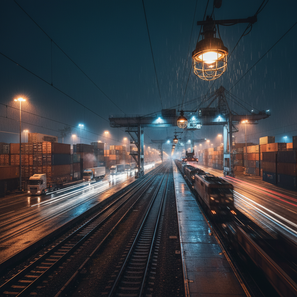 Freight logistics and supply chain infrastructure, atmospheric dark railway and road transport environment, industrial movement systems