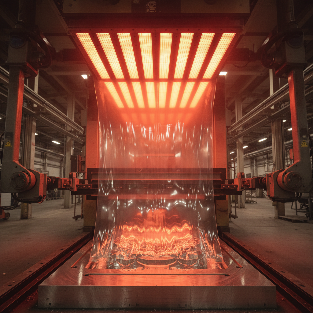 Factory floor forming station — heated PETG sheet being vacuum-drawn over aluminum mold with glowing heater banks overhead