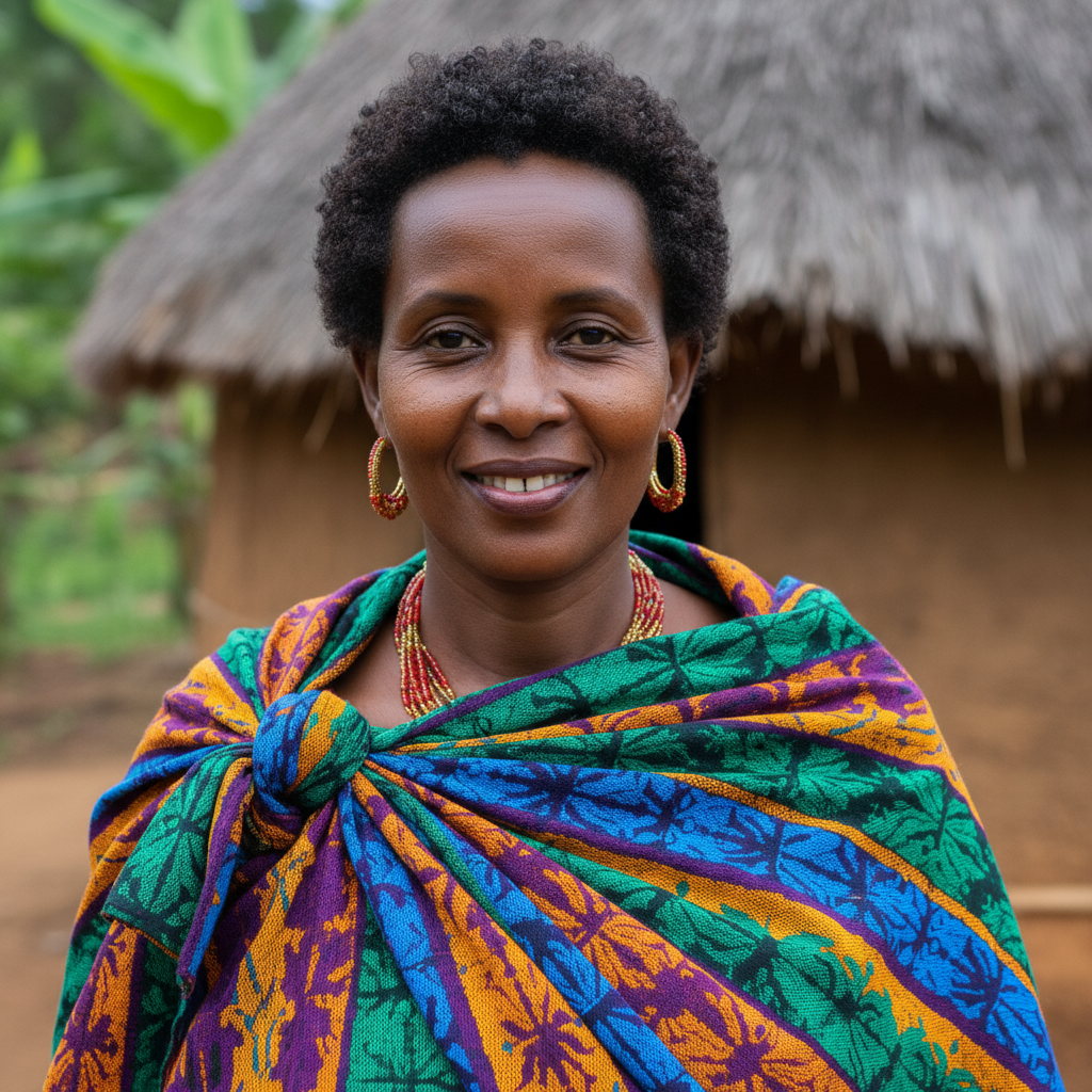 Nyiraneza Sylvie in traditional Rwandan dress showcasing craftsmanship