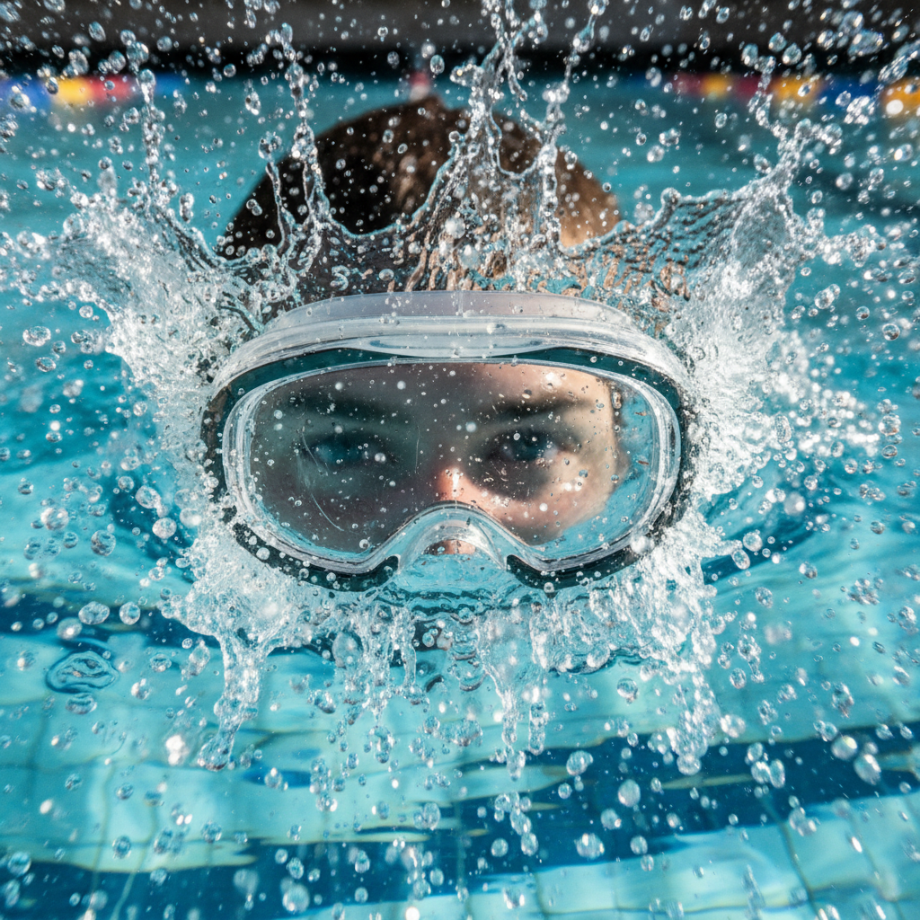 Extreme macro close-up of swimmer's goggle lens mid-dive, water droplets frozen in explosion, cyan pool lane lines refracted through polycarbonate
