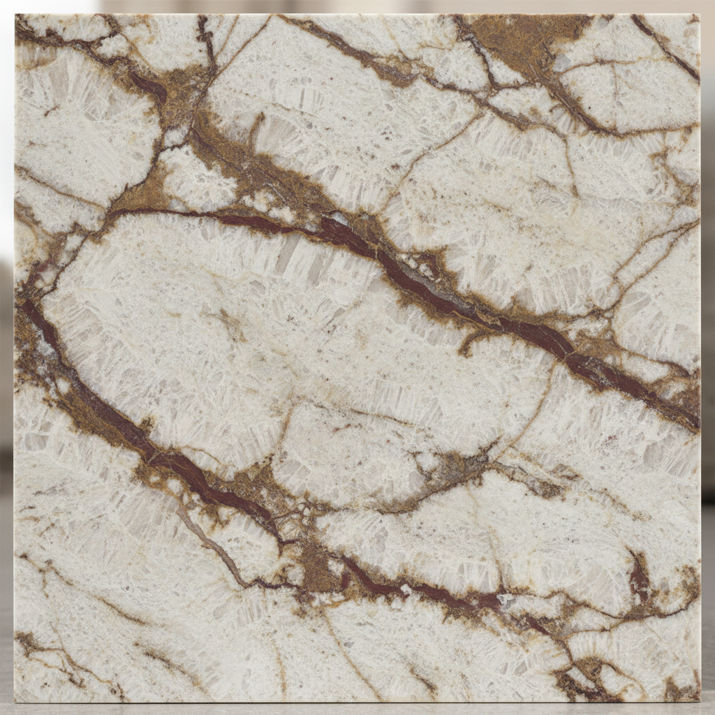 Colonial white granite with brown and burgundy veining on white base showing leathered texture