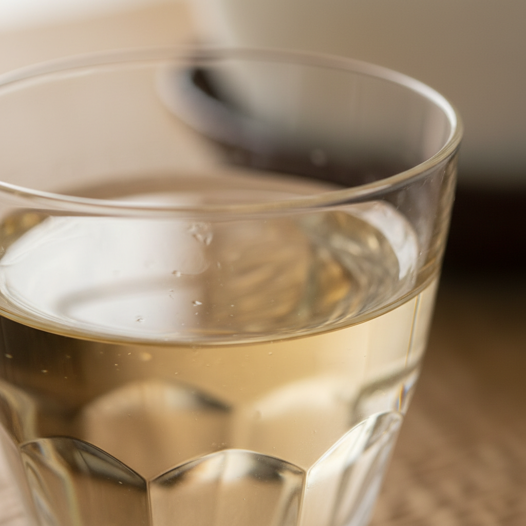 Close-up macro photograph of pale golden sake showing surface tension in a crystal glass