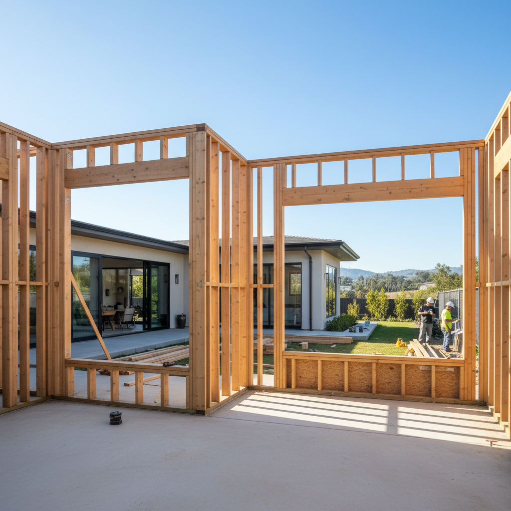 Luxury home addition and extension with new framing, open structure, California daylight, clean construction site