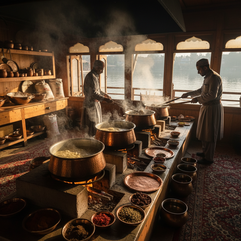 Traditional Kashmiri wazwan cooking in progress with copper pots and aromatic spices on the houseboat