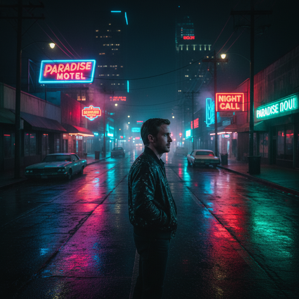 Male model in dark streetwear jacket standing under neon signs at night, wet pavement reflection, cinematic mood