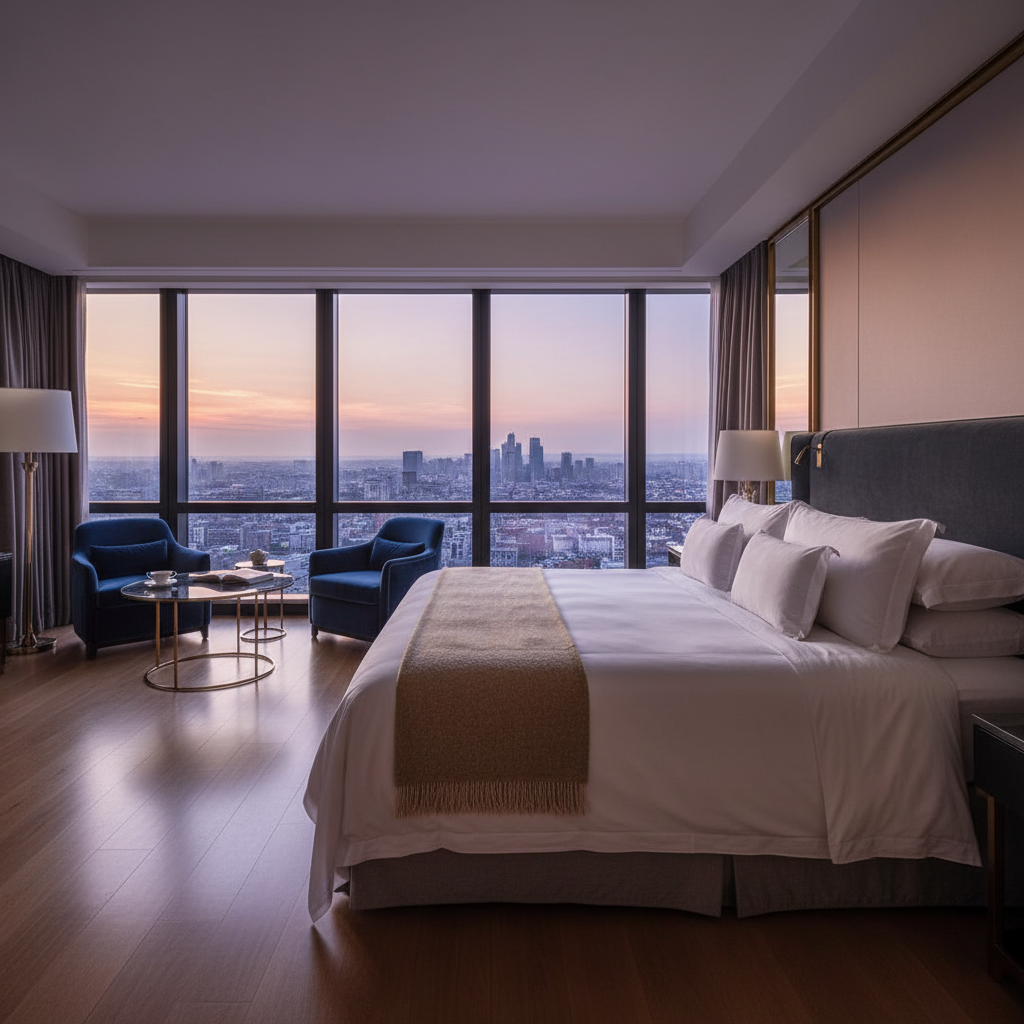 Luxury hotel room with deep navy walls, soft bed lighting, city skyline visible through window at night
