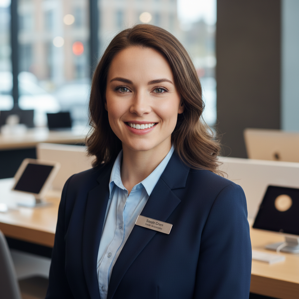 Professional woman, warm smile, office environment
