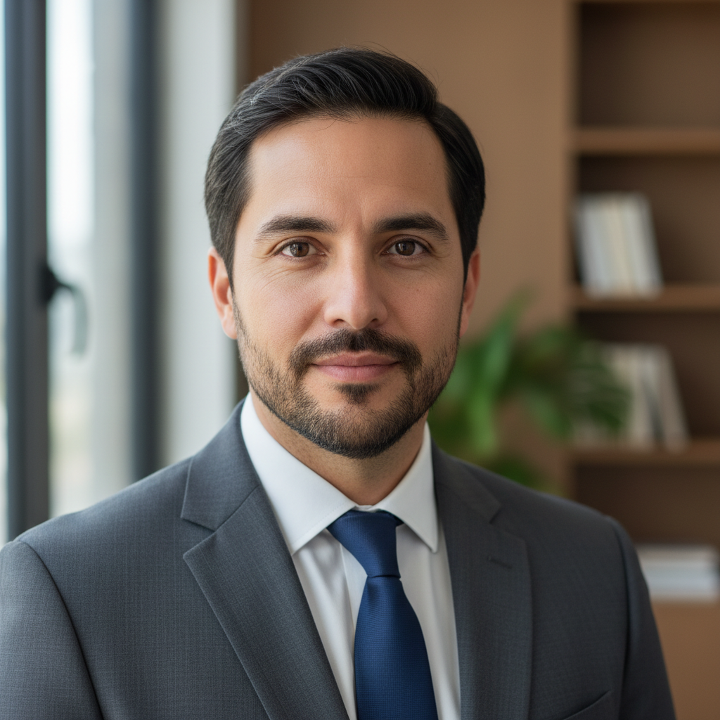 Mexican man in his 30s with friendly expression, professional casual attire, warm portrait lighting