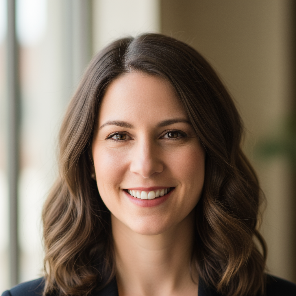 Professional portrait of woman with brown hair in burgundy blazer smiling professionally