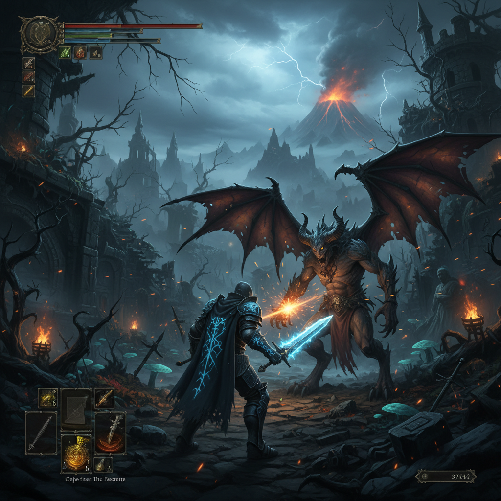 Dark atmospheric action-RPG game screenshot with moody lighting and fantasy environment