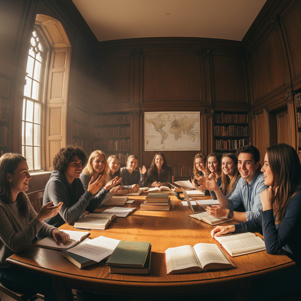 Students in a lively humanities seminar discussion in a wood-paneled classroom