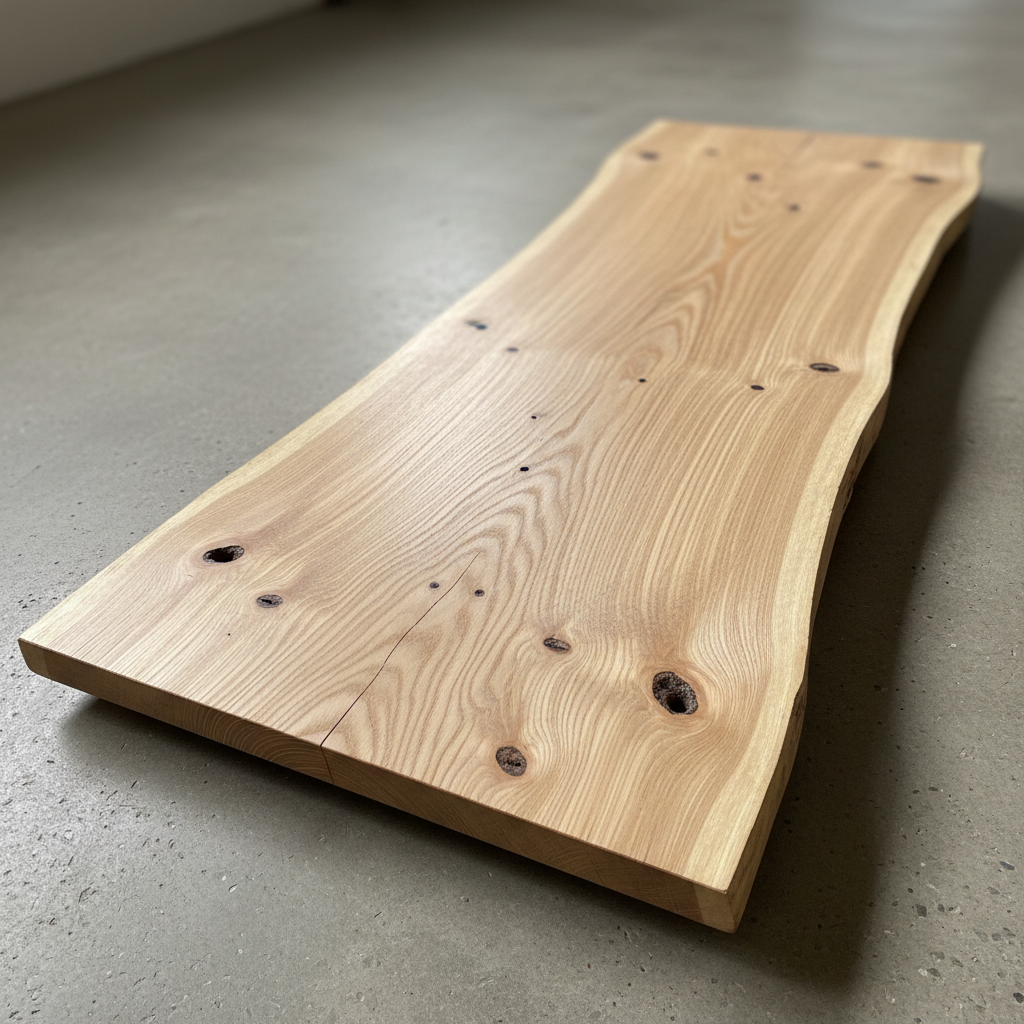 Live-edge white oak slab showing prominent ray fleck and natural edge with old nail holes from original barn construction