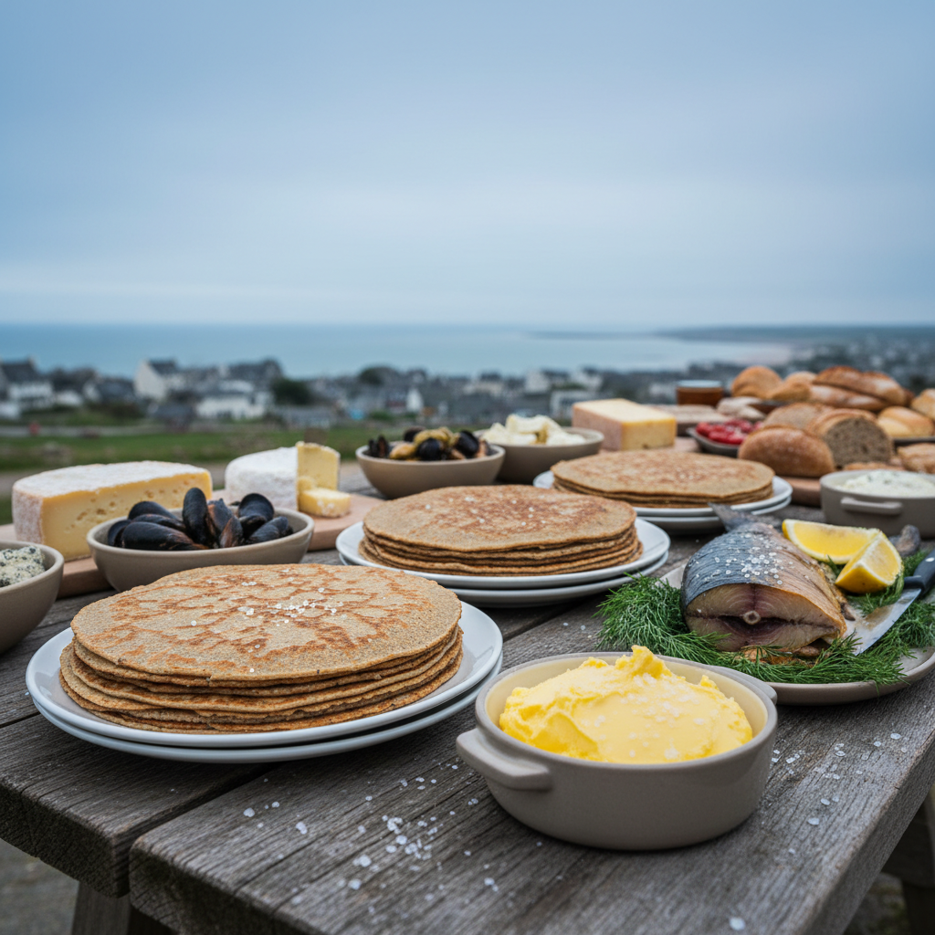 Brittany coastal market spread with buckwheat crepes, salted butter, and smoked fish on weathered wood, overcast maritime light, muted blue-grey atmosphere
