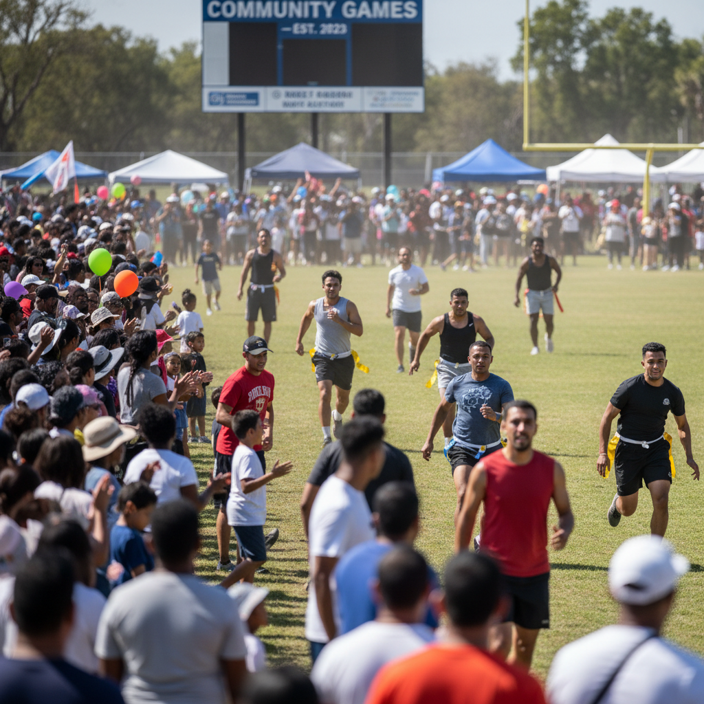 Vibrant community sports event with crowds, energy, and competitive atmosphere