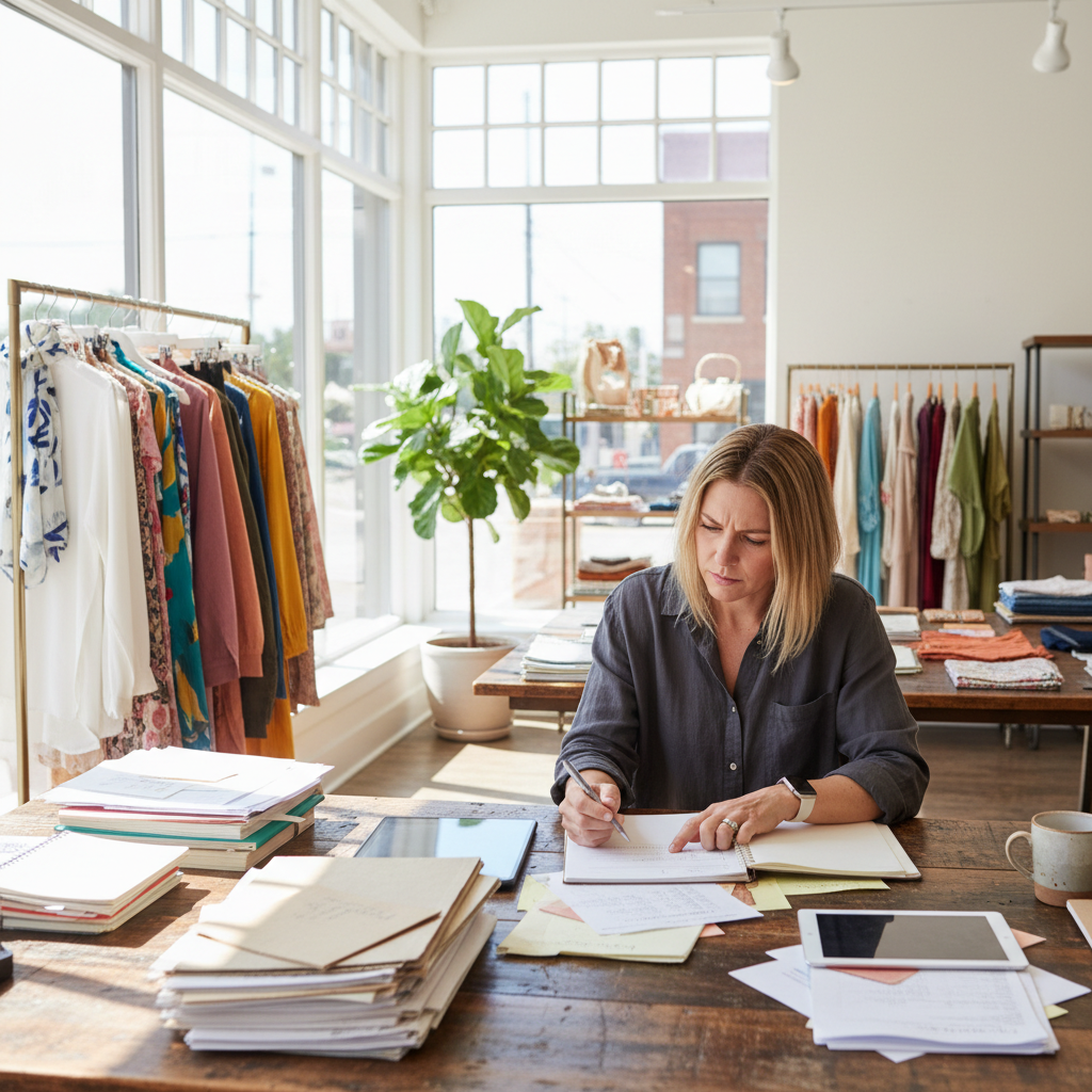 Small business owner reviewing documents at a clean, well-lit retail counter