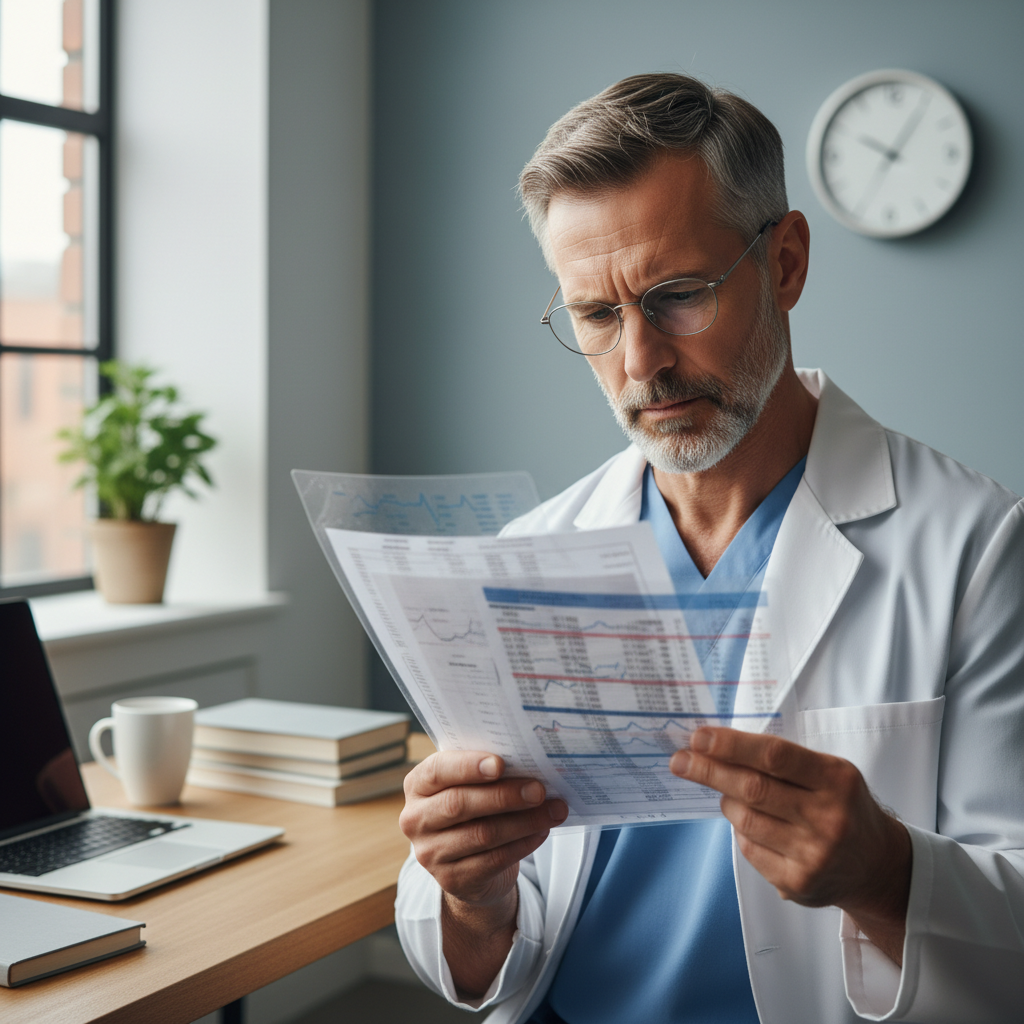 Médico revisando documentos de auditoría médica financiera en computadora