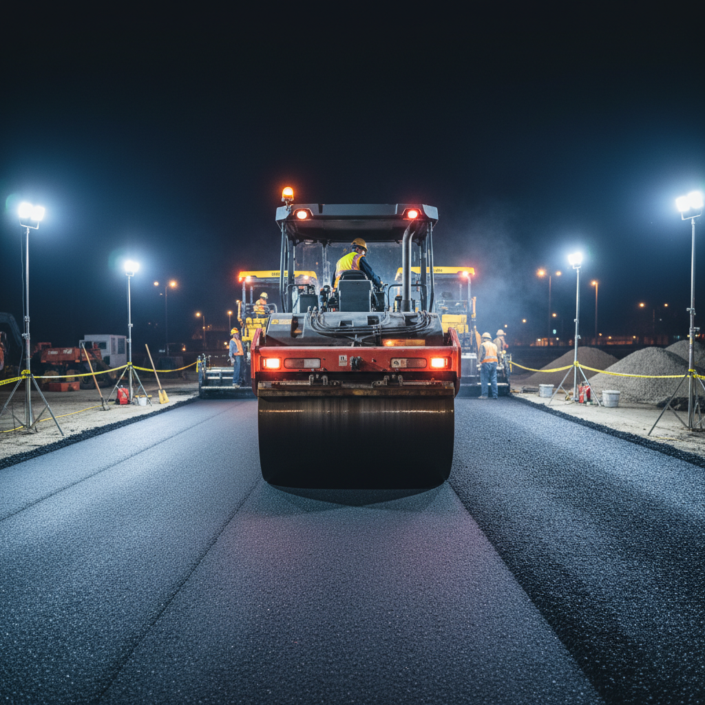 Compaction roller finishing asphalt surface at night with safety lighting