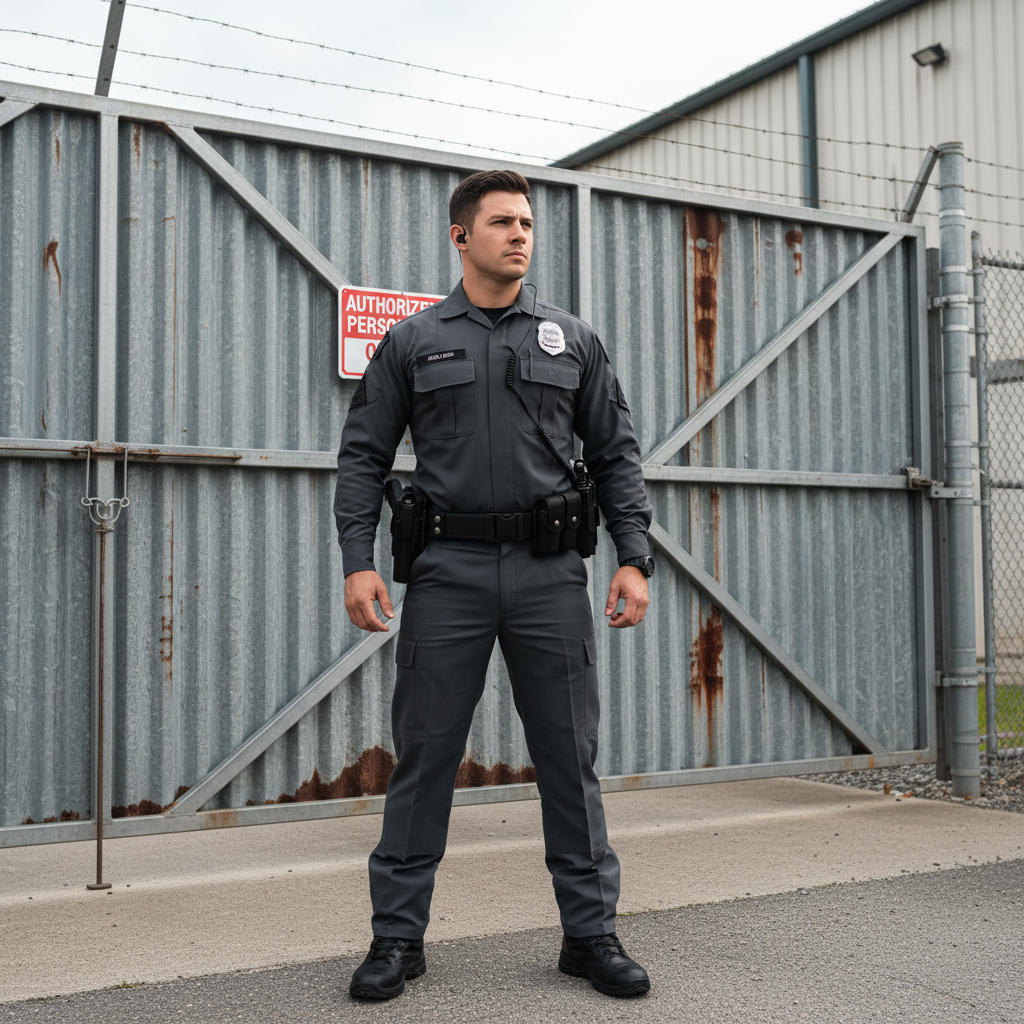 Professional security technician in dark uniform working on gate motor installation, dramatic side lighting, moody industrial environment