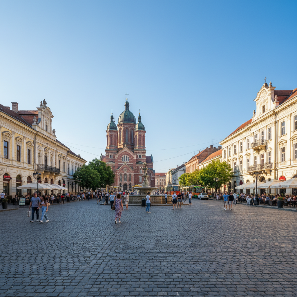Timisoara Union Square with baroque architecture and outdoor cafes