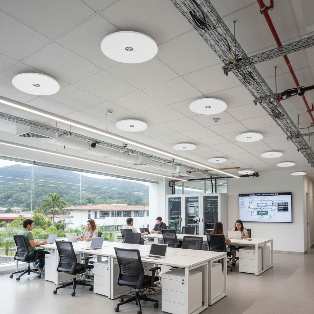 White circular wireless access point mounted on white ceiling in modern bright office space