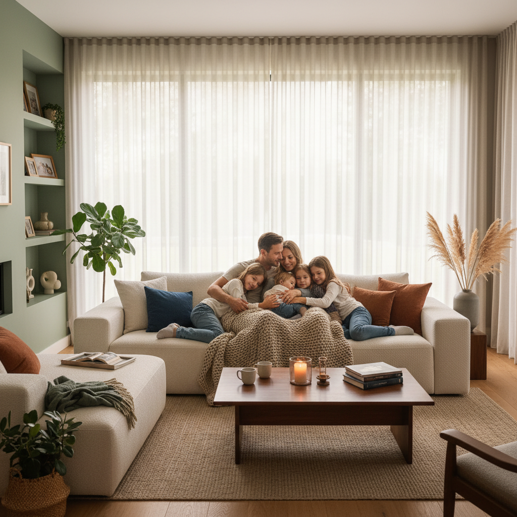 Parents and two children sitting together on a sofa in a warm, softly lit living room